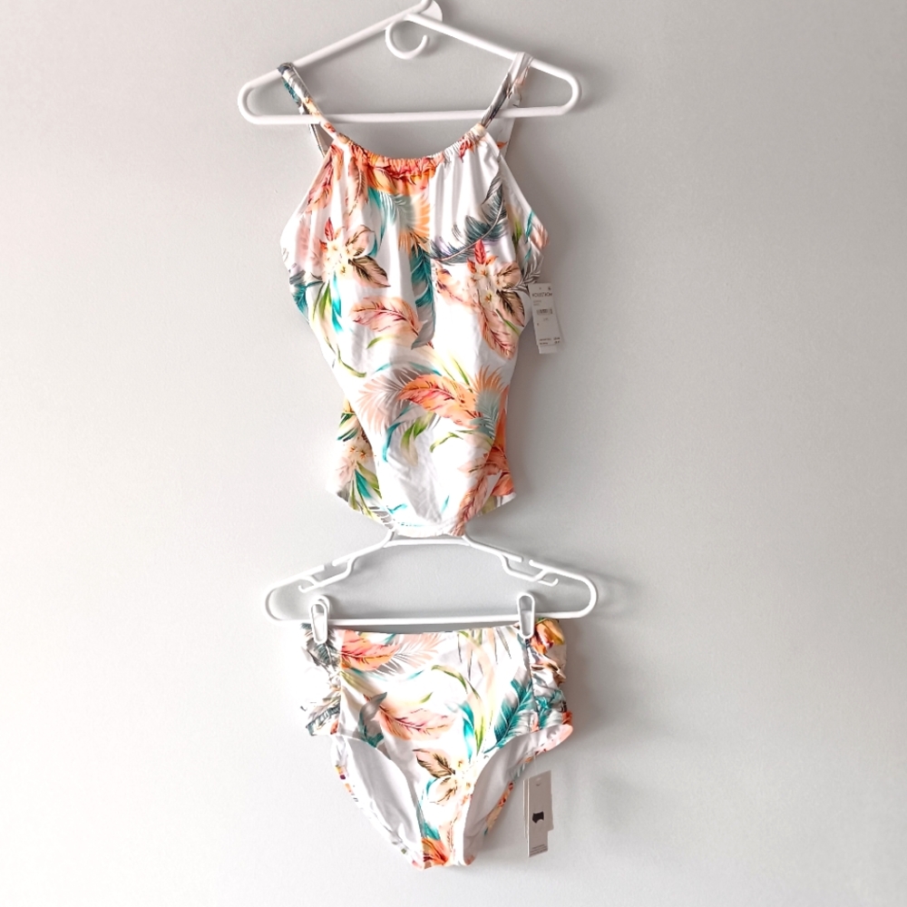 NEW Jantzen Tankini 2 Piece Swimsuit Tummy Control Palm Leaves White Size 6